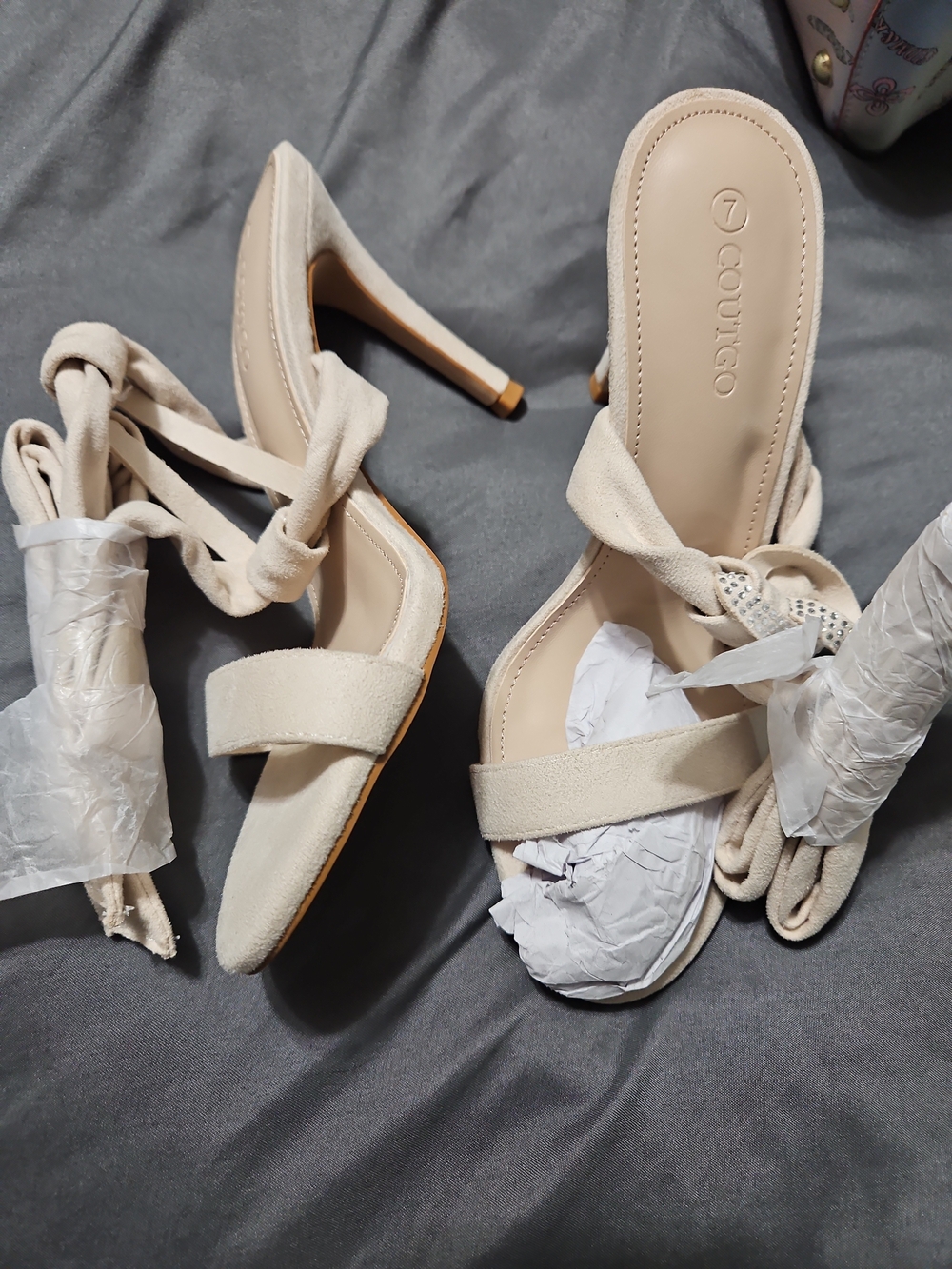 Women's Beige Wrap Tie  Ballet Heels Rhinestone Accents